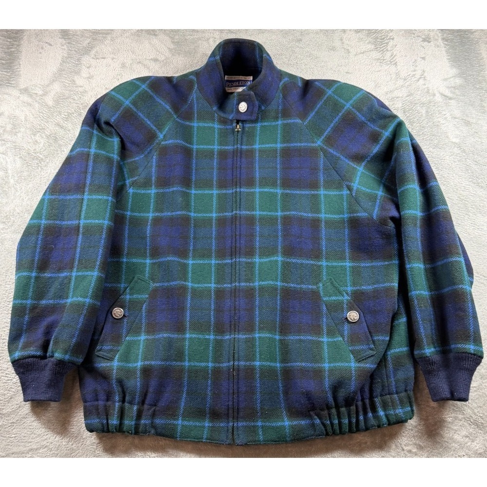 Vtg‎ Pendleton Wool Jacket Men L Blue Green Tartan Plaid Zip Bomber USA